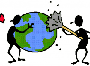 Dwoje ludzi sprząta kulę ziemską.